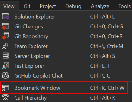 Screenshot, das die Option „Lesezeichen-Fenster“ im Menü „Ansicht“ zeigt.