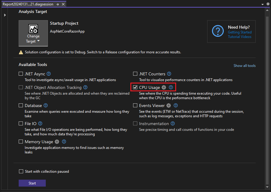 Screenshot von „CPU-Auslastung auswählen“.