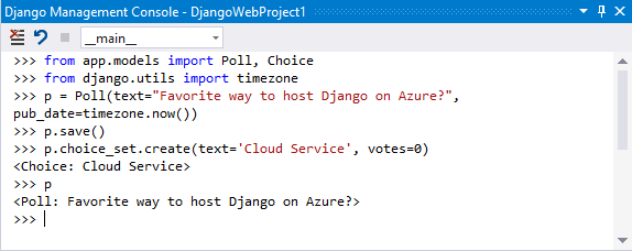 Screenshot, der die Ergebnisse des Befehls Open Django Shell in Visual Studio zeigt.