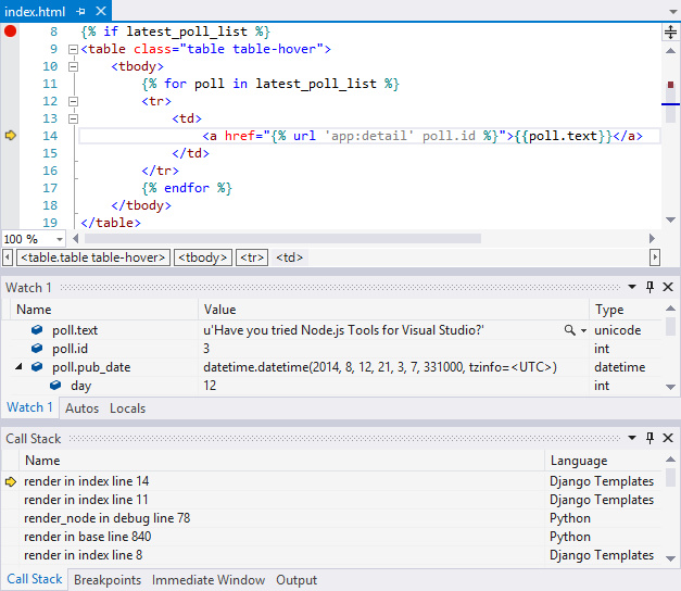 Screenshot, der Debugger-Breakpoints zeigt, die in der Django-Entwicklung in Visual Studio verwendet werden.