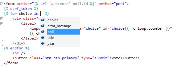 Screenshot der IntelliSense-Unterstützung für Kontextvariablen, die in der Django-Entwicklung in Visual Studio verwendet werden.
