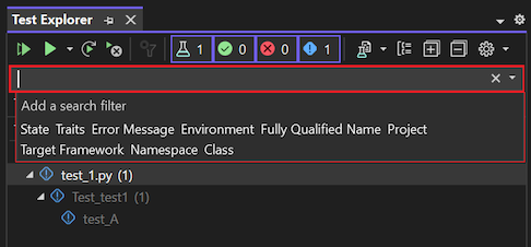 Screenshot, der zeigt, wie die Ansicht der Tests im Test-Explorer mithilfe des Suchfelds gefiltert wird.