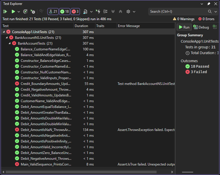 Screenshot der Ausgabe des Test-Explorers.