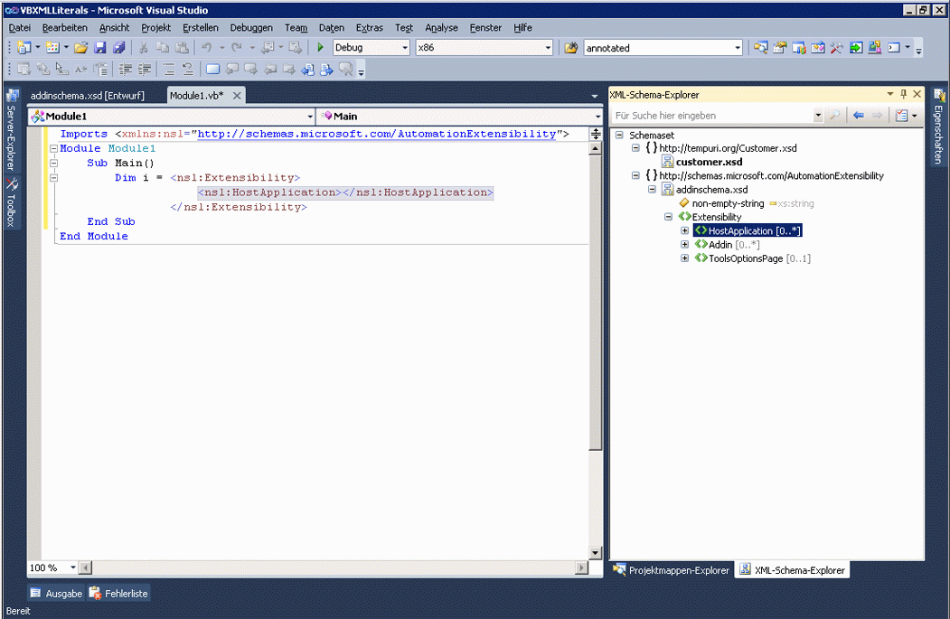 Screenshot of a Visual Basic project window showing that the XML Schema Explorer and Solution Explorer have been opened in the right pane.