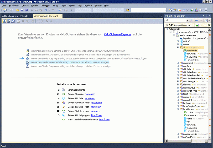 XML Schema Designer Start View