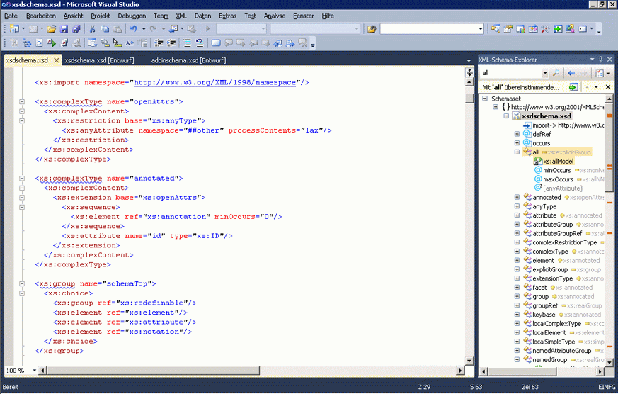 Screenshot of a Visual Studio project showing an XML node in the XML Editor pane and a tree view of the schema set in the XML Schema Explorer pane.