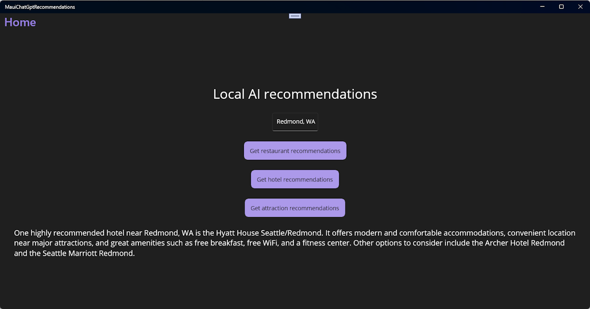 Windows .NET MAUI App mit der UI für die Bereitstellung von Empfehlungen und Ergebnissen von ChatGPT.