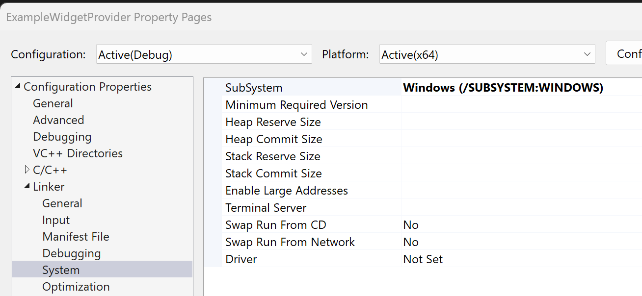 Screenshot der Eigenschaften des C++-Widgetanbieterprojekts, wobei der Ausgabetyp auf „Windows-Anwendung“ festgelegt ist