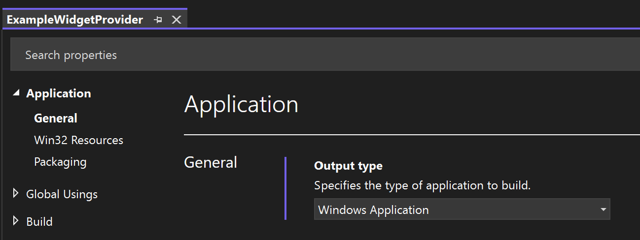 Screenshot der Eigenschaften des C#-Widgetanbieterprojekts, wobei der Ausgabetyp auf „Windows-Anwendung“ festgelegt ist