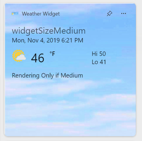 Screenshot eines einfachen Wetter-Widgets. Das Widget zeigt einige wetterbezogene Grafiken und Daten sowie einige Diagnosetexte an, die zeigen, dass die Vorlage für das mittlere Widget angezeigt wird.