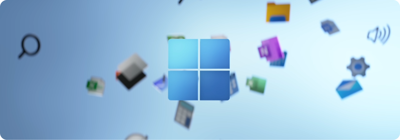 Windows Logo mit App-Symbolen, die im Hintergrund schweben