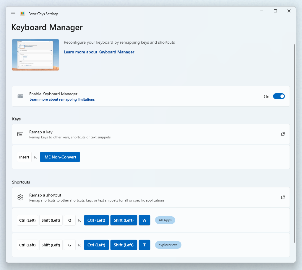PowerToysKeyboard Manager-Screenshot der Neuzuordnung von Schlüsseln