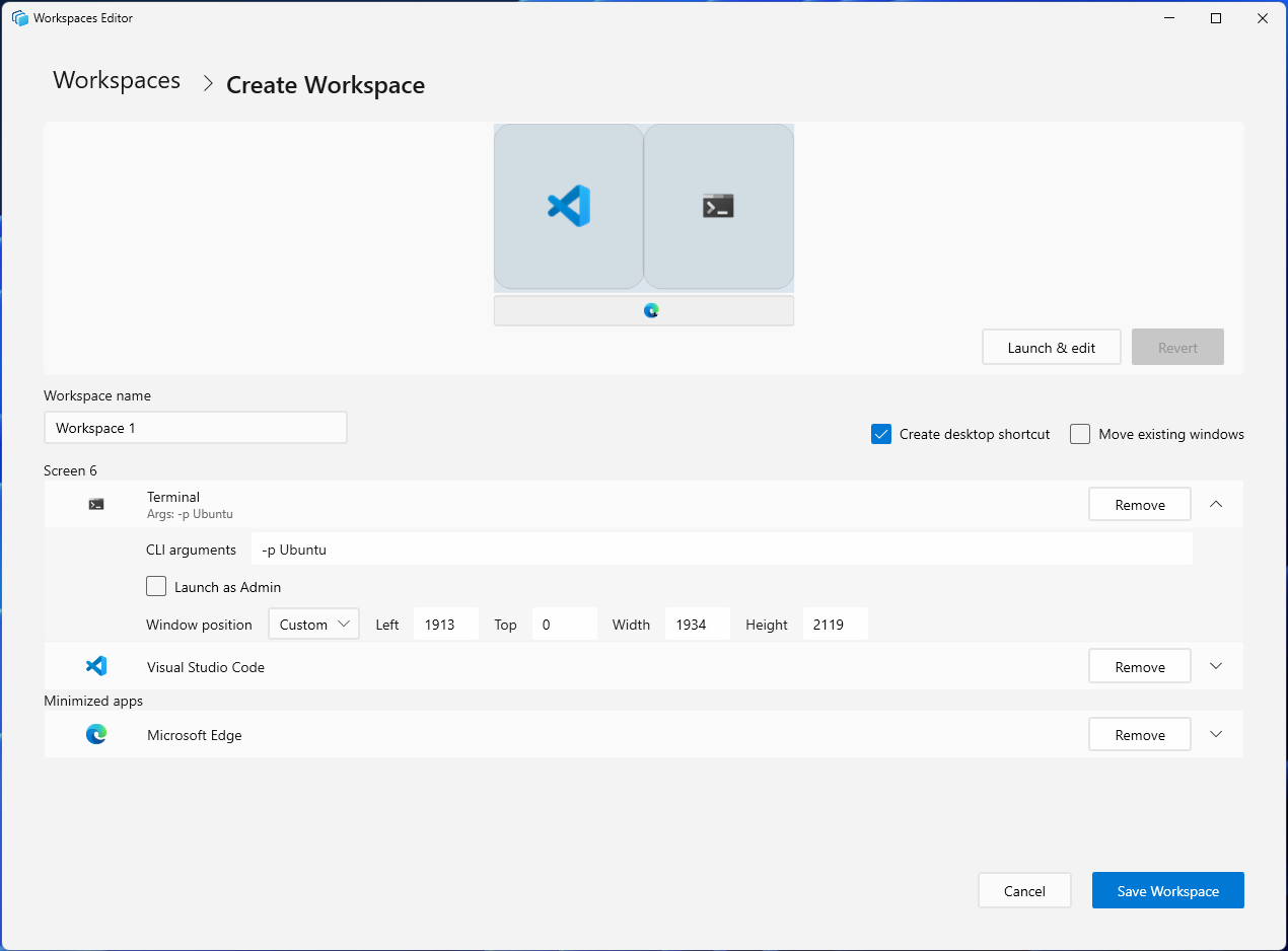 Screenshot der Arbeitsbereich-Editor-Benutzeroberfläche nach der PowerToys Erfassung der Bearbeitungsoptionen für Arbeitsbereiche.
