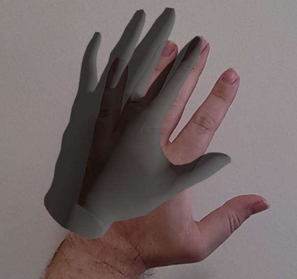 Bild der digitalen Hand, die auf einer echten menschlichen Hand überlagert ist
