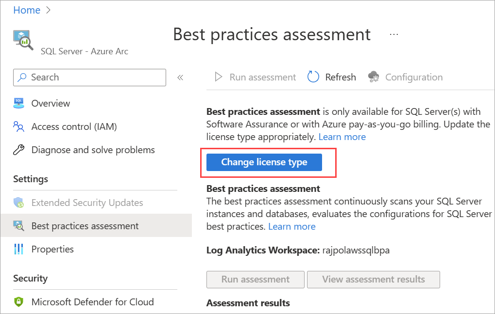 Screenshot der Schaltfläche zum Ändern des Lizenztyps im Azure-Portal.