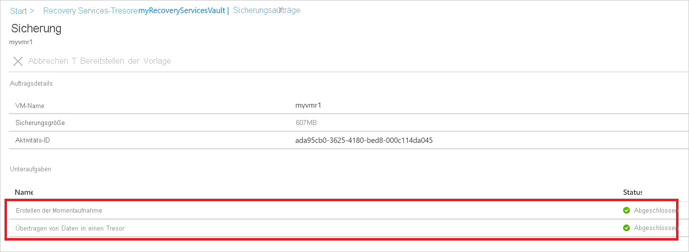 Screenshot zeigt Unteraufgaben im Status des Sicherungsauftrags.