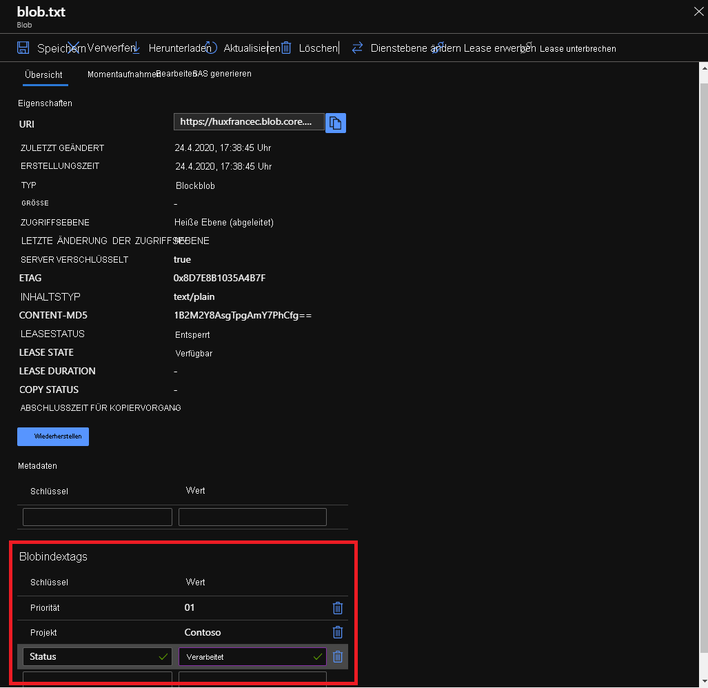 Screenshot des Azure-Portals beim Abrufen, Festlegen, Aktualisieren und Löschen von Indextags für Blobs