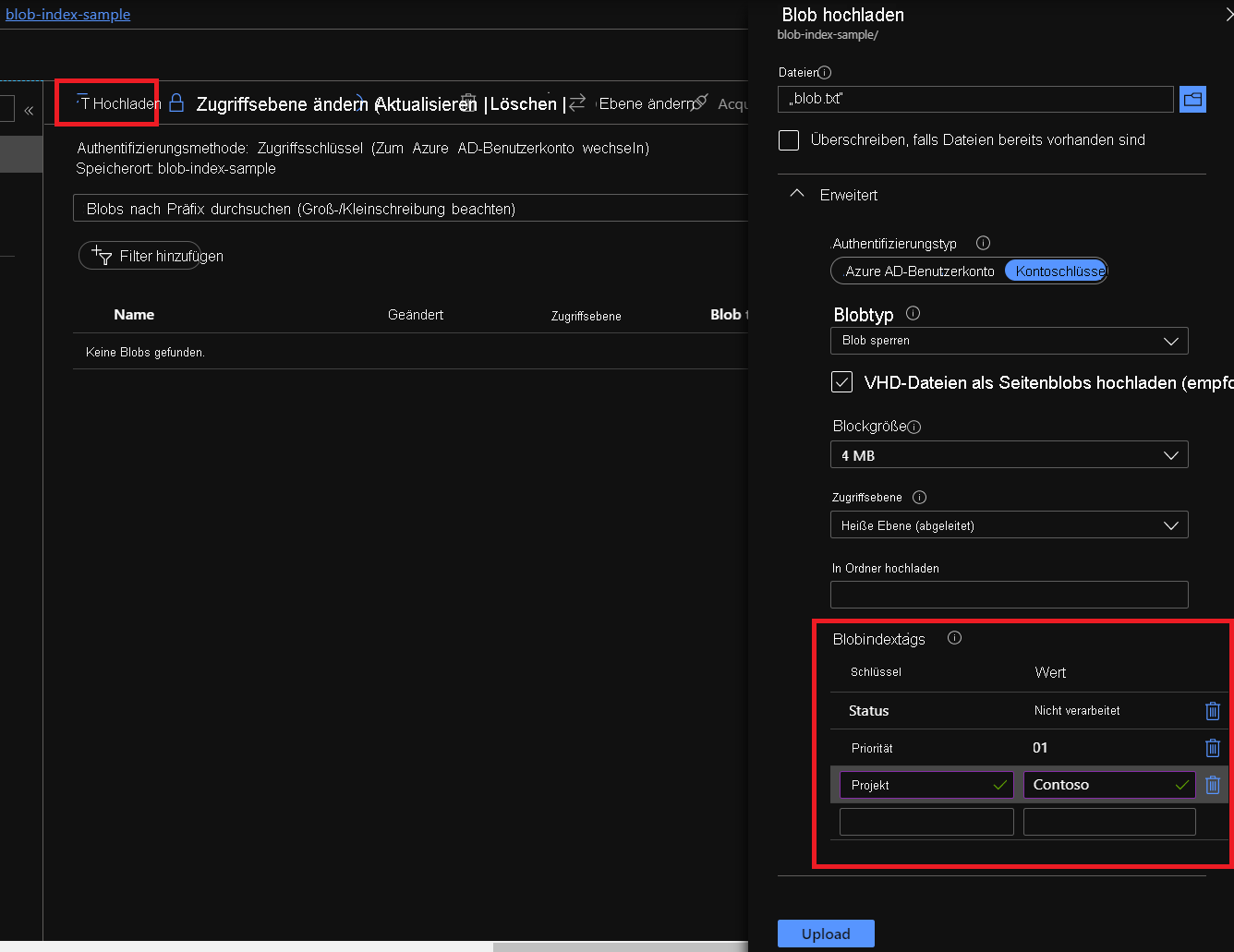Screenshot des Azure-Portals beim Hochladen eines Blobs mit Indextags