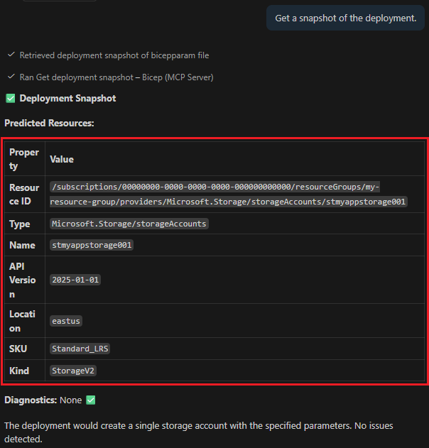 Screenshot des Snapshots der Bereitstellung des Bicep MCP-Servers.