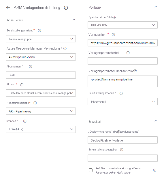 Screenshot der Arm-Vorlagenbereitstellungsseite mit erforderlichen Werten, die für Azure DevOps Azure Pipelines eingegeben wurden.