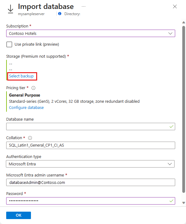 Screenshot des Azure Portals, Datenbankimportseite.