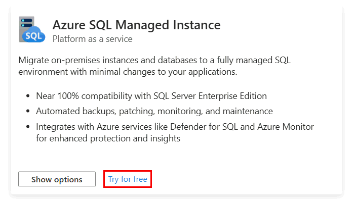 Screenshot vom Azure SQL Hub der Schaltfläche 