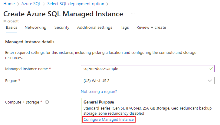 Screenshot der Seite zum Erstellen einer Azure SQL Managed Instance mit der ausgewählten Option Verwaltete Instanz konfigurieren.