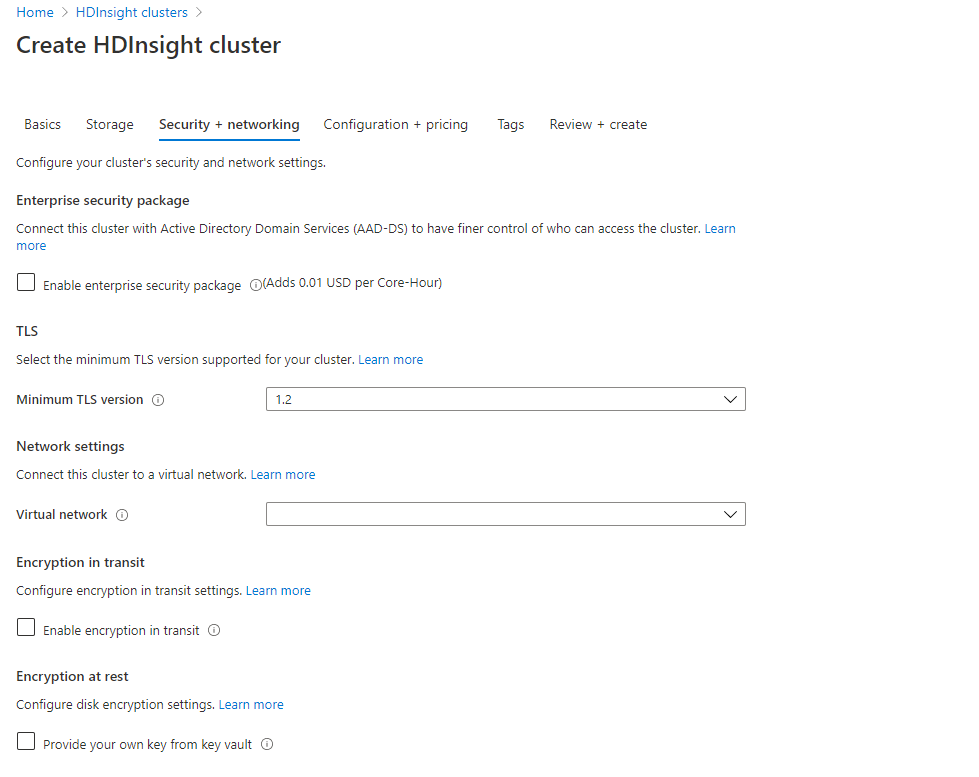 Cluster erstellen - Registerkarte „Sicherheit und Netzwerk“