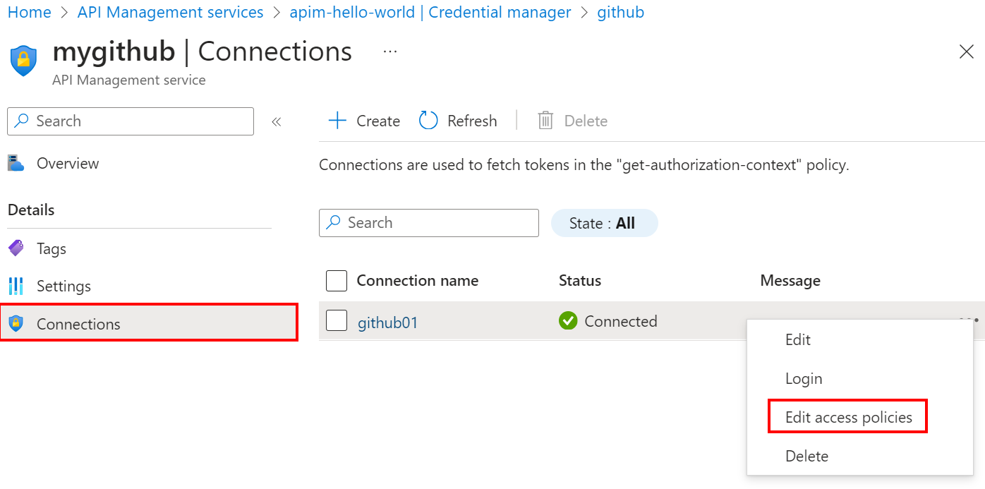 Screenshot der Aktualisierung einer Verbindung im Portal.