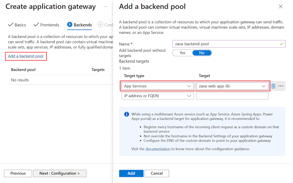 Screenshot, der zeigt, wie Sie einen Back-End-Pool für das Anwendungsgateway im Azure-Portal hinzufügen.