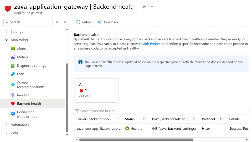 Screenshot, der zeigt, wie man den Backend-Zustandsstatus für ein Anwendungsgateway im Azure-Portal überwacht.