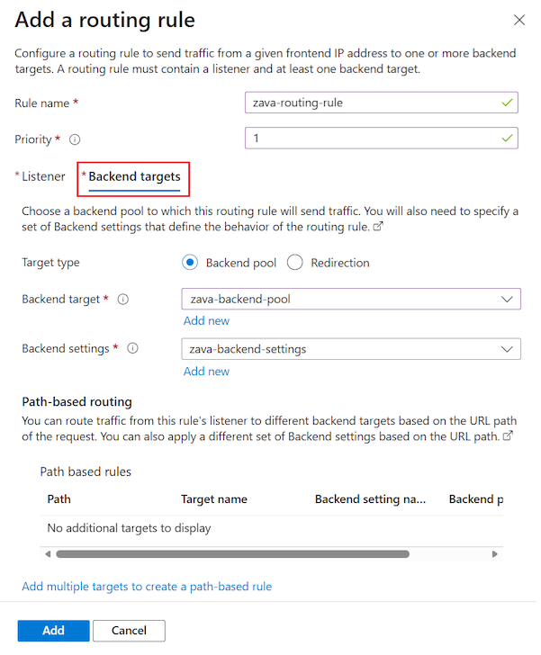 Screenshot, der zeigt, wie Sie die Back-End-Ziele für eine HTTPS-Routingregel für das Anwendungsgateway konfigurieren.