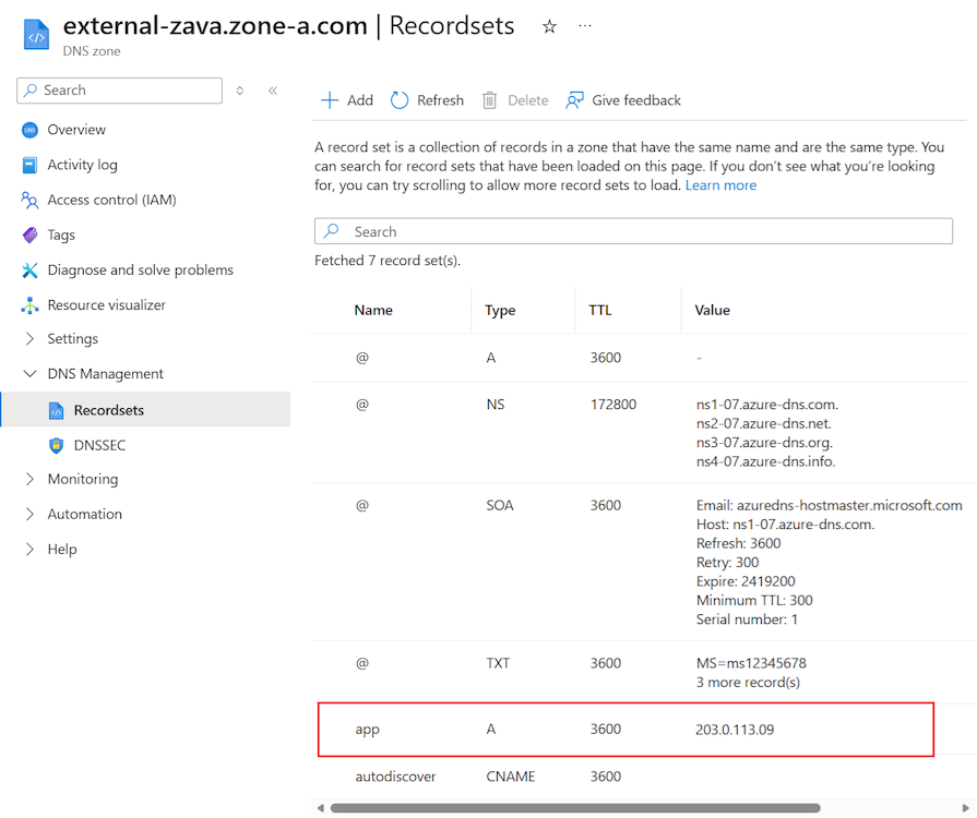 Screenshot eines Eintrags, der der DNS-Zone hinzugefügt wurde, um den App-Domänennamen der öffentlichen IP-Adresse des Anwendungsgateways zuzuordnen.