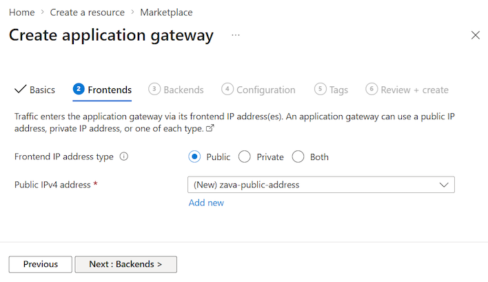 Screenshot, der zeigt, wie Sie die öffentliche IP-Adresse für den Anwendungsgatewayzugriff im Azure-Portal festlegen.