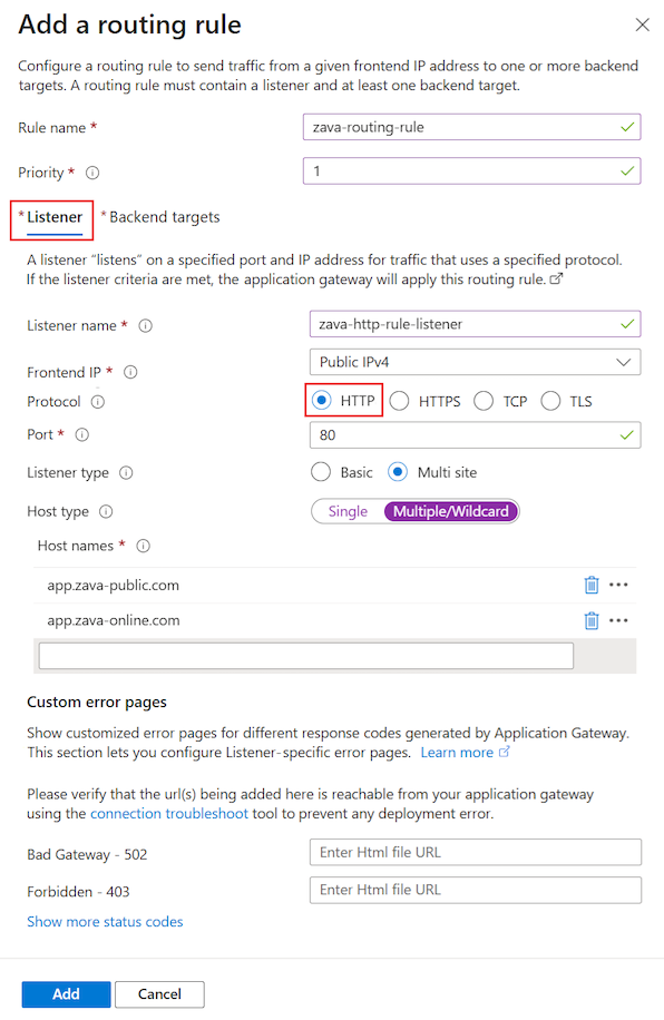 Screenshot, der zeigt, wie der Listener für eine HTTP-Routingregel für das Anwendungsgateway konfiguriert wird.