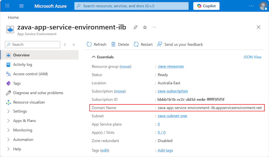 Screenshot des Domänennamens für eine ILB-App-Dienstumgebung im Azure-Portal.