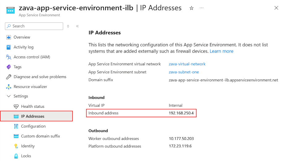 Screenshot, der die eingehende IP-Adresse für eine ILB App Service Environment im Azure-Portal anzeigt.
