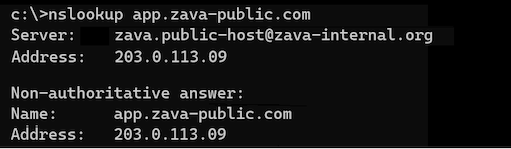 Screenshot eines Befehlsfensters, das eine Namensauflösungsprüfung des App-Domain-Namens zur öffentlichen IP-Adresse des Gateways zeigt.