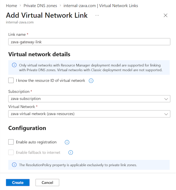 Screenshot, der zeigt, wie Sie eine neue virtuelle Netzwerkverbindung in einer privaten DNS-Zone im Azure-Portal erstellen.