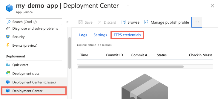 Zeigt, wie Sie das FTP-Dashboard im Bereitstellungscenter in Azure App Services auswählen.