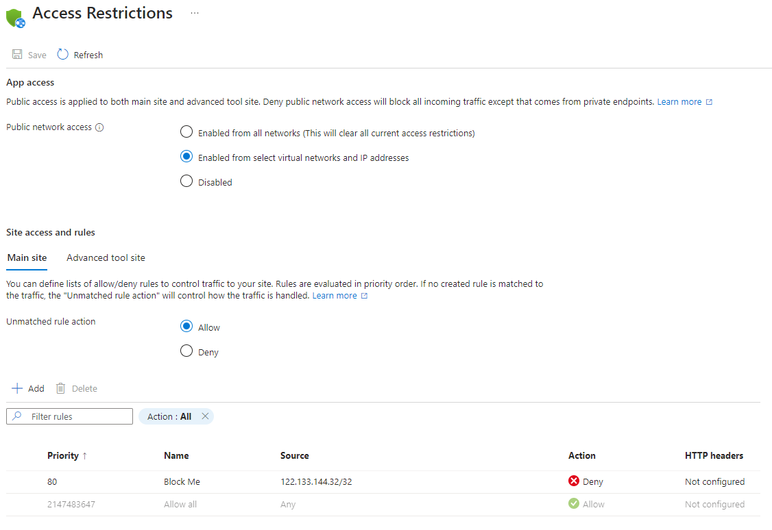 Screenshot der Seite „Zugriffseinschränkungen“ im Azure-Portal mit einer einzelnen blockierten IP-Adresse.