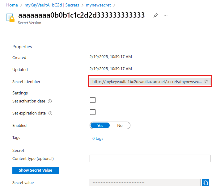 Screenshot des Key Vault Geheimnisbezeichner