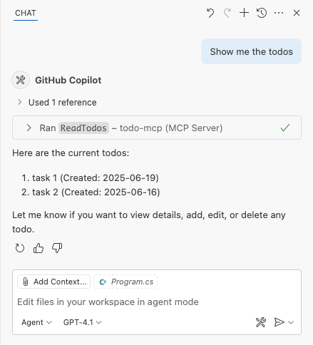 Screenshot: Die Antwort des MCP-Toolaufrufs wird im GitHub Copilot Chat-Fenster angezeigt.