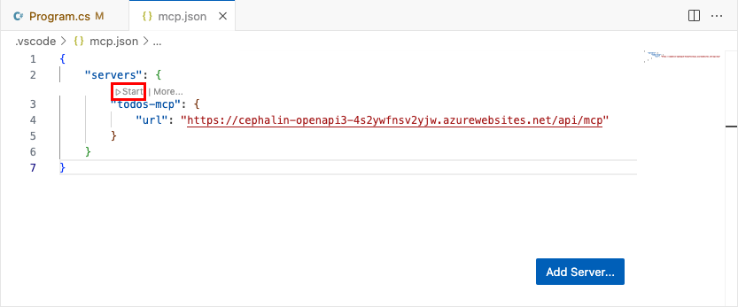 Screenshot, der zeigt, wie Sie einen MCP-Server manuell aus der lokalen mcp.json Datei starten.