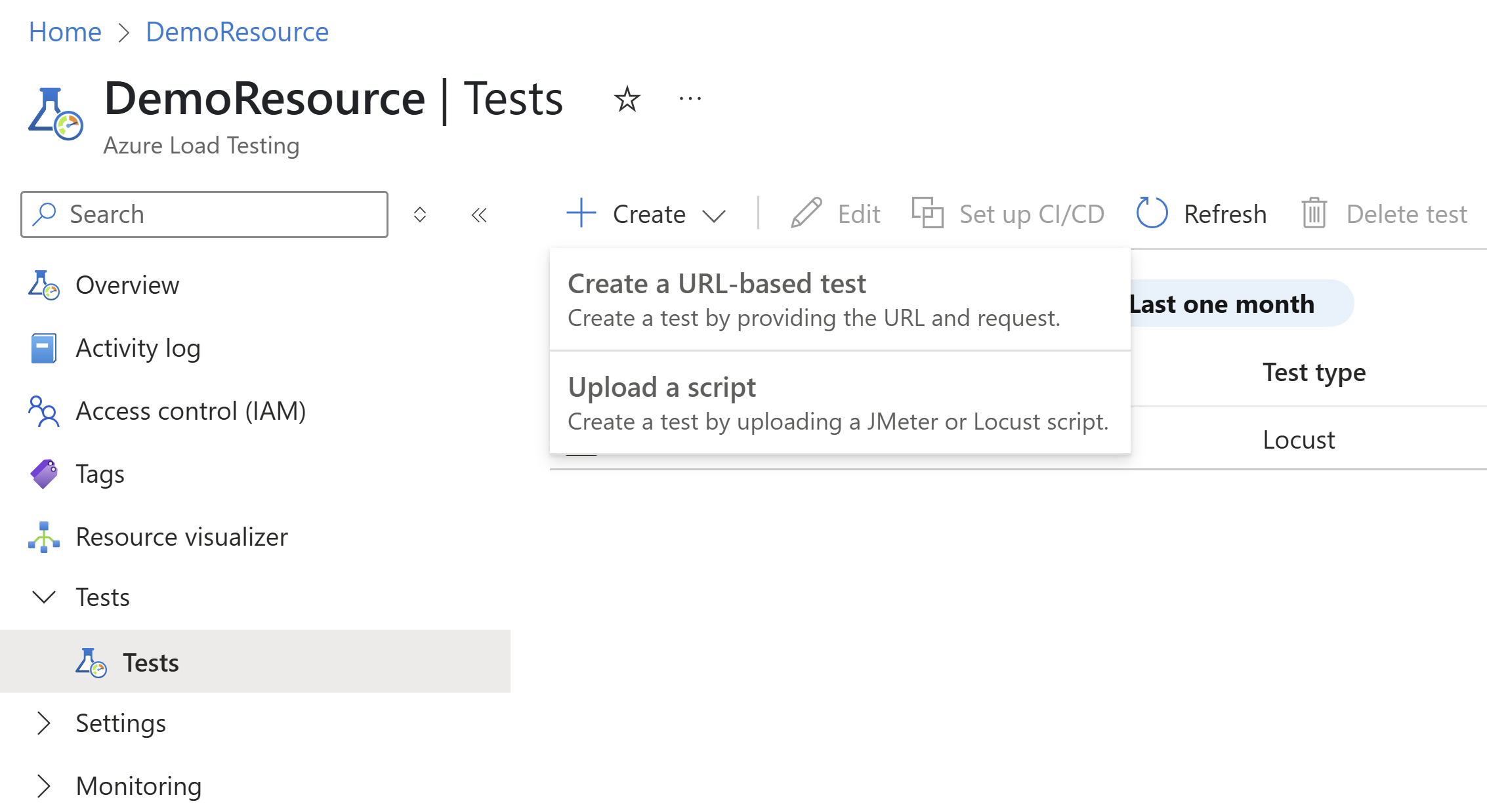 Screenshot, der die Optionen zum Erstellen eines neuen Tests im Azure-Portal zeigt.