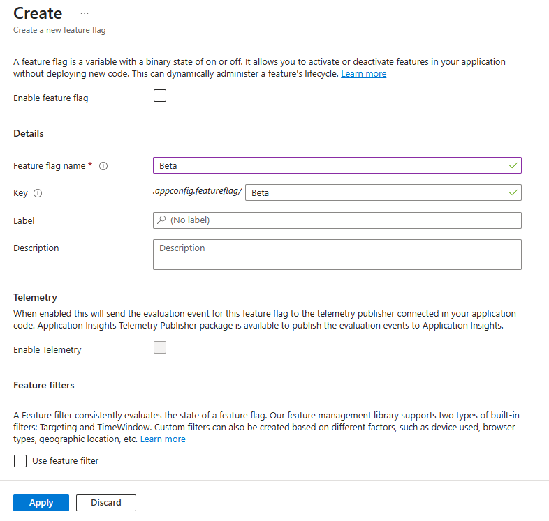 Screenshot: Aktivieren eines Featureflags namens „Beta“.