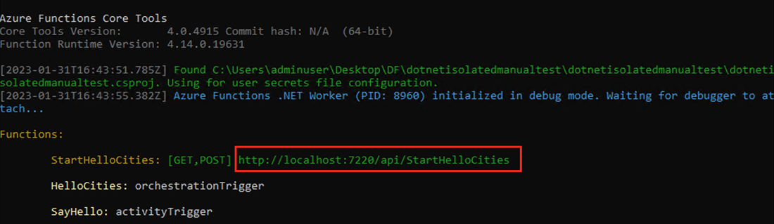 Screenshot der lokalen Azure-Runtime