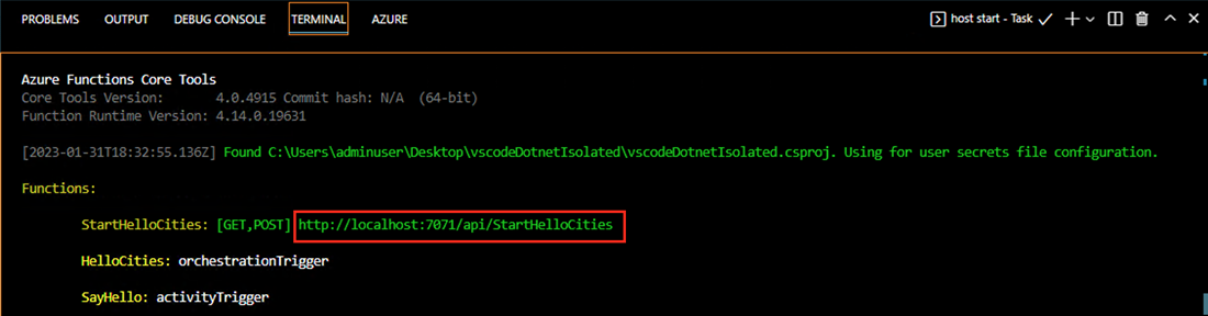 Screenshot des lokalen Azure-Ausgabefensters