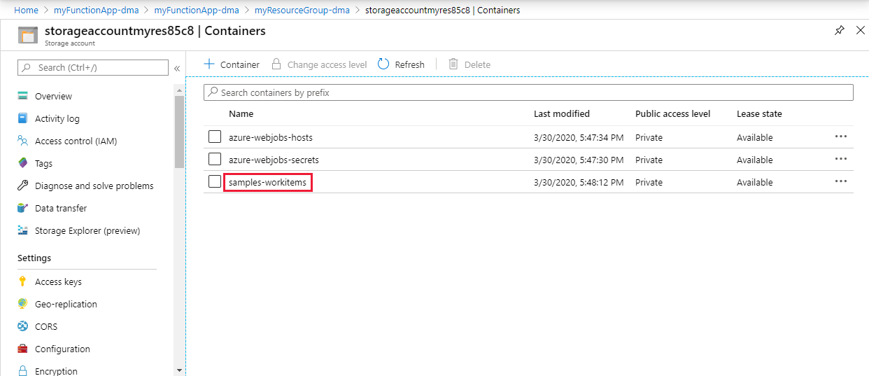 Go to your samples-workitems container in the Azure portal.