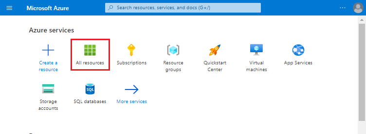 Screenshot: Azure-Portal mit ausgewählter Option „Alle Ressourcen“ im Abschnitt „Azure-Dienste“ der Seite